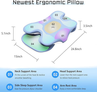 Cervical Neck Pillow for Pain Relief - Contour Memory Foam Pillows with Cooling Pillowcase, Neck Support Pillows for Sleeping, Ergonomic Orthopedic Pillow for Side, Back, Stomach Sleepers (Blue)