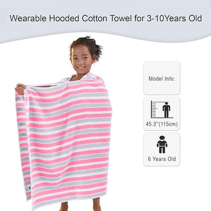 VOOVA & MOVAS Kids Poncho Towels - Soft 100% Cotton (4-8Years), Quick Dry Absorbent Light Weight Hooded Towel for Pool | Swim | Beach | Bath, Pink Gray Stripe