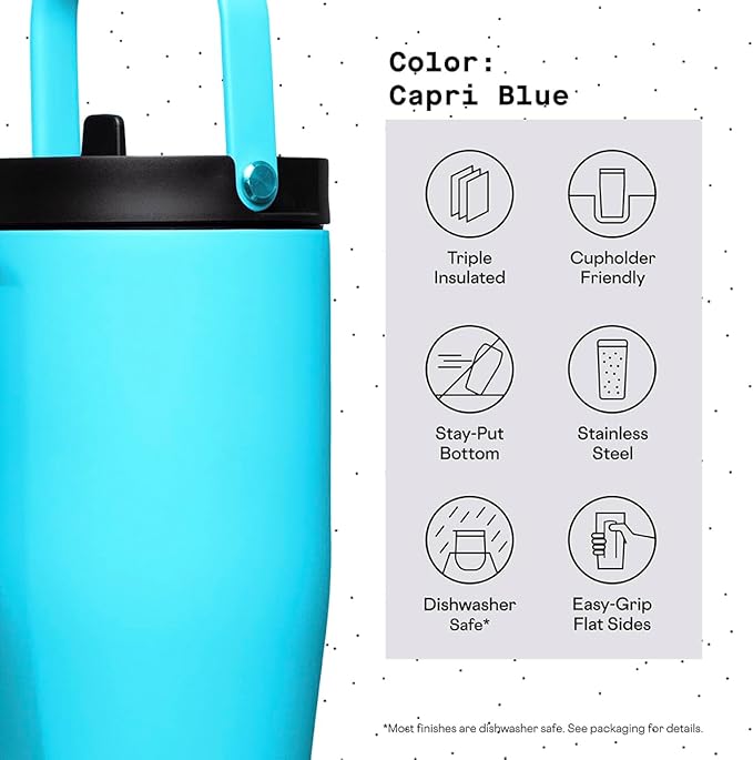 Corkcicle Go Cup XL Insulated Tumbler with Lid and Straw, Capri Blue, 30 oz – Reusable Water Bottle Keeps Beverages Cold for 12hrs – Cupholder Friendly Tumbler, Leak-Proof Design