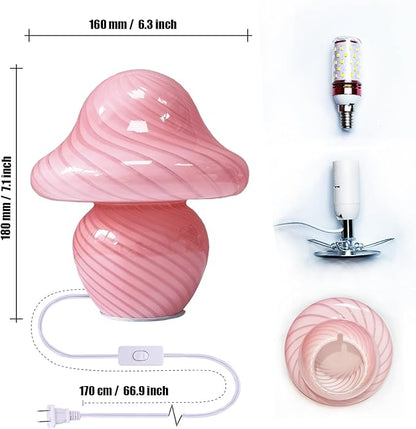 Mushroom Lamp, Small Pink Table Lamp with Striped Glass, Cute Little Swirl Nightstand Lamp for Bedroom, Bedside, Living Room, Gift for Girls Women Birthday Christmas Thanksgiving Day