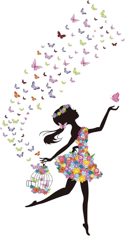 Flower Fairy Wall Decals Peel and Stick Large Princess Wall Decals for Girls Bedroom with Birdcage Pink Butterfly Wall Decor Stickers for Baby Girl Nursery Living Room Classroom (2 Sheets)