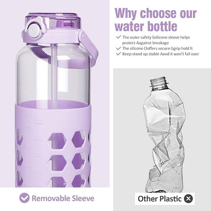 MUKOKO Half Gallon/64 oz Glass Water Bottles with Straw and Lid,Motivational Water Jug with Time Marker Reminder and Silicone Sleeve,100% Leakproof BPA Free Fitness Sports Large Bottle-Purple