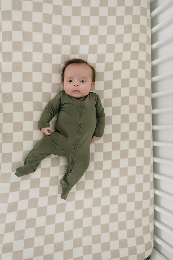 Taupe Checkered Muslin Crib Sheet by Mebie Baby, Soft and Breathable Bed Sheets for Babies, Modern Neutral Bedding for Cribs, Standard Crib Mattress Fitted Sheet, Great for Boy or Girl Room or Nursery