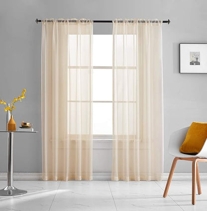 Beige Sheer Curtains 95 Inches long Panels Rod Pocket 2 Panels Translucent Solid Color Voile Beige Drapes for Bedroom Living Room 2 Panels 52x95