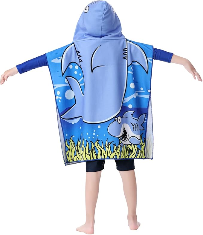 Soft Hooded Beach Towel for Kids, Toddlers Bath/Pool/Swim Poncho Cover-ups Swimwear (BLUE SHARK)