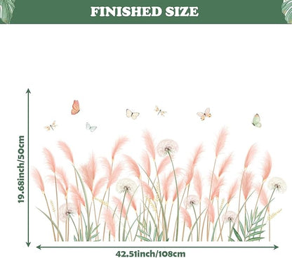 Green Plants Wall Stickers, Reed Flower Dandelion Butterfly Wall Murals Peel and Stick, Wall Decals for Living Room, Wall Décor for Bedroom, Wall Art for Kitchen, Kids Room Décor