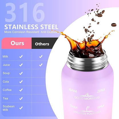 Sports Water Bottle 18/10 Stainless Steel 32oz with 2Lids, 1000ml Insulated Water Bottle Double Walled with Handle, Metal Canteen Keep Cold 48H Hot 24H for Men, Women & Kids