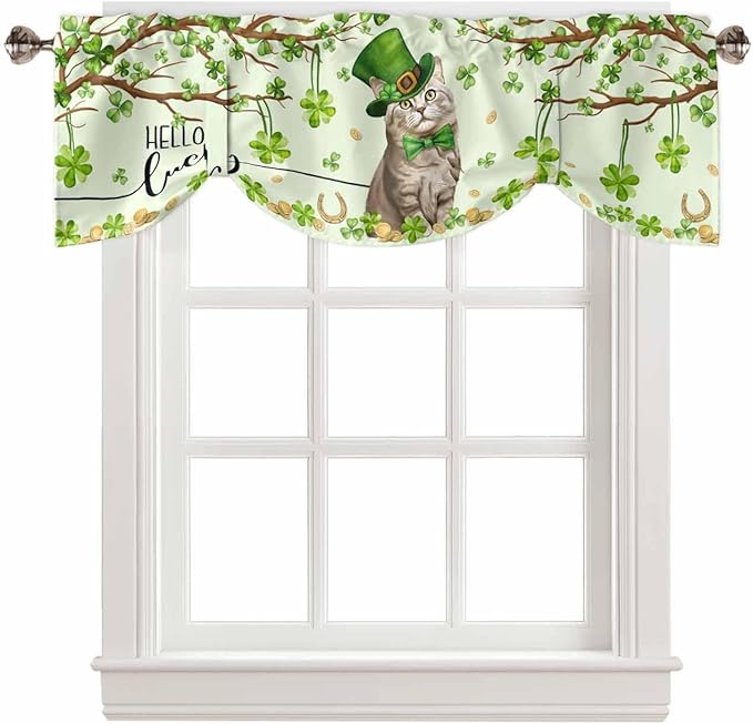 Lucky Cat St. Patrick's Day Blackout Tie Up Valance Curtains for Kitchen Windows Green Spring Shamrocks Tree Window Toppers Balloon Shades for Living Room/Bathroom/Bedroom,1 Panel, 42" X 12"