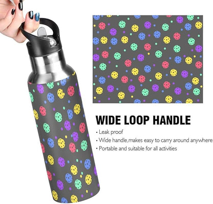 Colorful Pickleball Sports Water Bottle, Double Wall Vacuum Insulated Stainless Steel Water Bottle with Straw Keeps Hot and Cold, Bike Running Sports Travel Gym 20oz