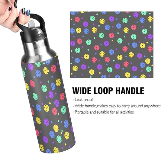 Colorful Pickleball Sports Water Bottle, Double Wall Vacuum Insulated Stainless Steel Water Bottle with Straw Keeps Hot and Cold, Bike Running Sports Travel Gym 20oz