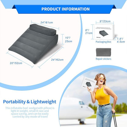 Nevife Inflatable Triangle Bed Wedge Pillow-Fast Inflating/Deflation Valve-Portable Travel Leg Elevation,Adjustable Incline Pillow for Back Support,Sleeping, Acid Reflux,Snuoring,Footrest