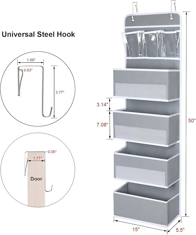 Univivi Door Storage Gray 2-Pack Door Hanging Storage Closet with 4 Large Pockets and 3 Small PVC Pockets Over Door Organizer for Cosmetics, Toys and Sundries…