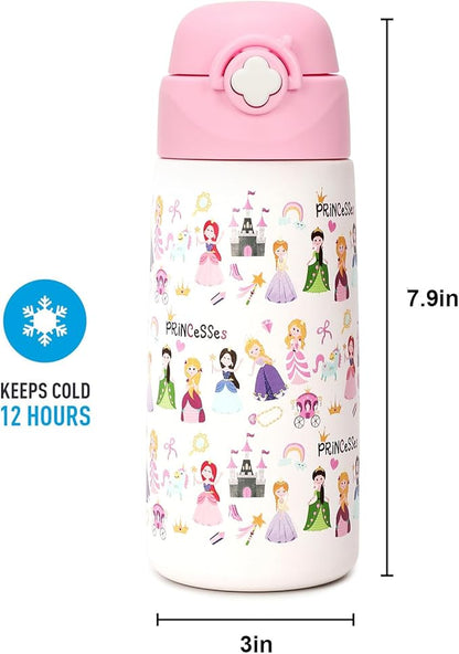 Kids Insulated Water Bottle with Covered Pop-Up Straw,16oz Kids Cups with Stainless Steel Leak Proof for School Boys Girls（4-Princess）