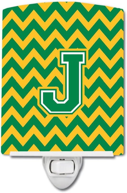 Caroline's Treasures CJ1059-JCNL Letter J Chevron Green and Gold Ceramic Night Light Compact, UL-Certified, Ideal for Bedroom, Bathroom, Nursery, Hallway, Kitchen, 6x4x3, Multicolor