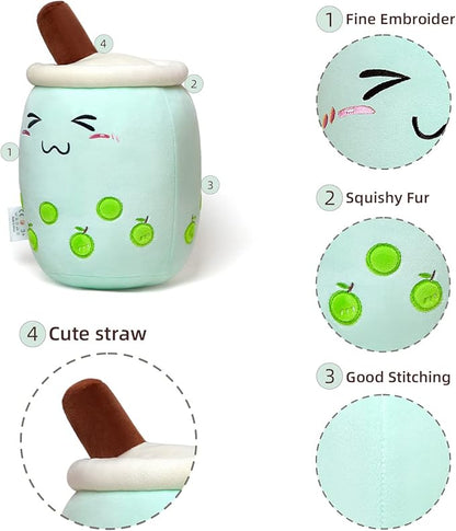Niuniu Daddy 13in Green Boba Plushie - Cute Bubble Tea Stuffed Toy Pillow for Kids and Toddlers - Great Birthday/Christmas Gift