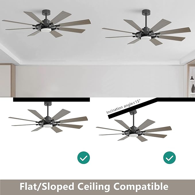 80" Ceiling Fan with Lights and Remote Control, Wood 8 Blades 6-Speed Noiseless Reversible DC Motor, 3 Downrods, Modern Indoor/Outdoor Ceiling fan for Office Porch Dining Living Room, Black+Wood
