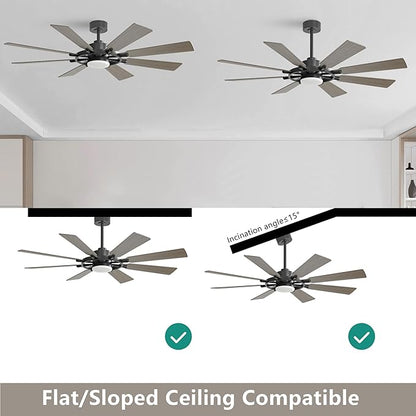 80" Ceiling Fan with Lights and Remote Control, Wood 8 Blades 6-Speed Noiseless Reversible DC Motor, 3 Downrods, Modern Indoor/Outdoor Ceiling fan for Office Porch Dining Living Room, Black+Wood