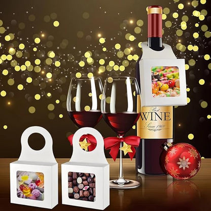 Dudnbt 30 PCS Kraft Paper Wine Bottle Box with Window 3.5 x 3.5 x 1.2 Inches for Gifts Empty Wine Bottles for Decoration Bottle Hanger Favor Box for holding Candy Truffles Chocolate Cookies (White)