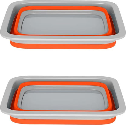 Set of 2 Multipurpose Wash Bins – 10-Liter Basins for Travel or Cleaning – Collapsible Bucket Camping Accessories by Wakeman (Orange)