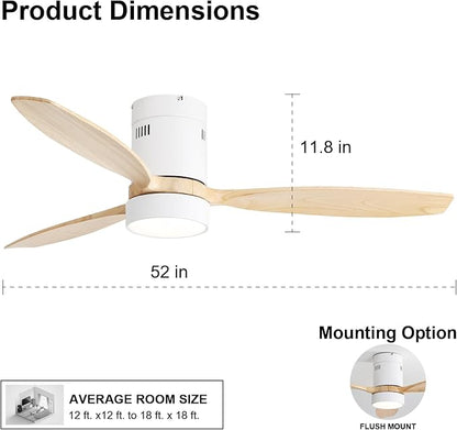 Sofucor 52 Inch Low Profile Ceiling Fan with Lights Remote Control Wood Blades Reversible DC Motor Modern Ceiling Fan for Kitchen, Bedroom, Basement, Dining, Living Room, Light Wood
