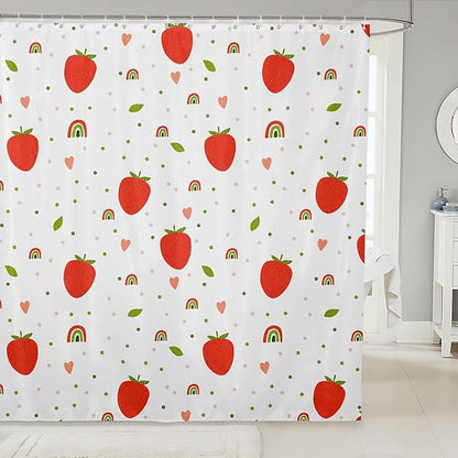 Feelyou Strawberry Shower Curtain Fruits Fabric Shower Curtain for Kids Boys Girls Rainbow Green and Pink Dots Bathroom Waterproof Accessories with 12 Hooks White and Red Curtains,72X78 Inches