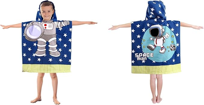 Kids Astronaut Hooded Beach Towel Boys Cute Poncho Pool Towels with Hood 24*47 in Soft Microfiber Swim Cover-ups for Kids Ages 3-10 Thick Absorbent Cotton Hooded Bath Towels Wrap Bathrobe