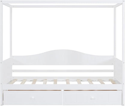 Twin Size Canopy Day Bed with 2 Drawers, White Finish, Sturdy Pine Wood and MDF, Built in Backrest, Space-Saving Design, Fits Curtains and Decorations,77.6"x 41.3"x66.1"