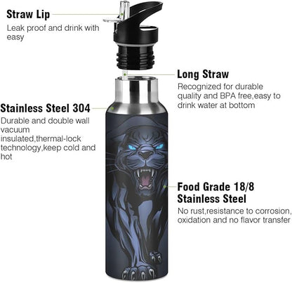 senya 34 Oz Water Bottle with Straw Roaring Black Panther Stainless Steel Water Bottle for Traveling Sports Leakproof Insulated Water Bottle