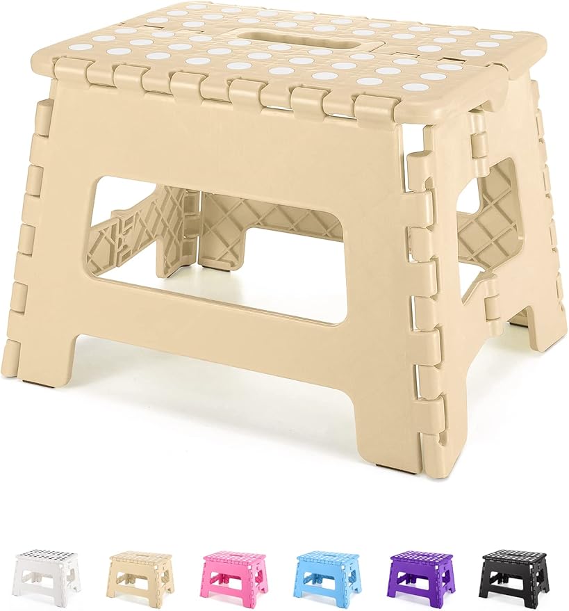 Folding Step Stool 9", Kids Step Stool, Heavy Duty Step Stools for Adults, Compact Foot Stools, Light-Weight Toddler Step Stool for Kitchen, Bathroom, Holds Up to 300 lbs (Khaki)