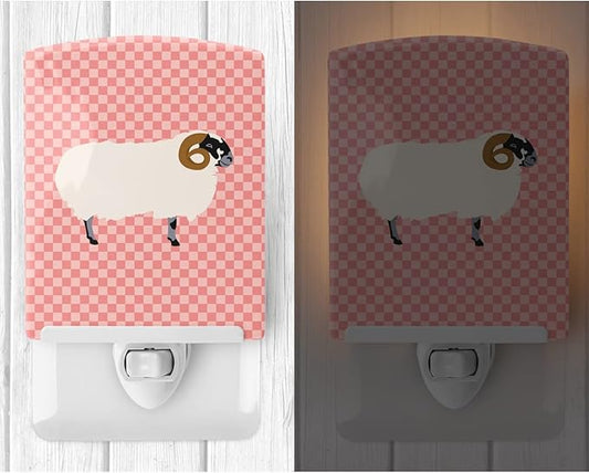 Caroline's Treasures BB7973CNL Scottish Blackface Sheep Pink Check Ceramic Night Light Compact, UL-Certified, Ideal for Bedroom, Bathroom, Nursery, Hallway, Kitchen, 6x4x3, Multicolor