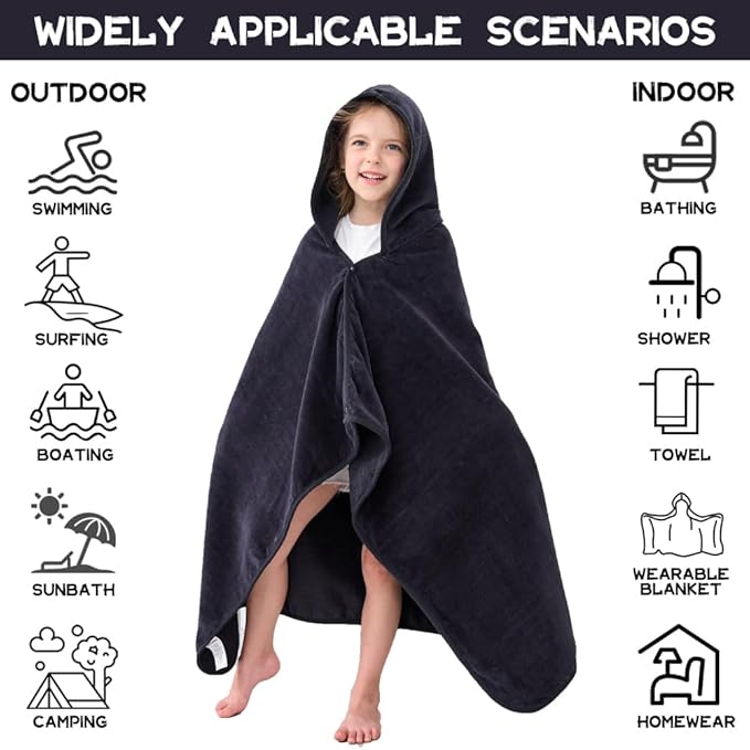 Hiturbo Kids Hooded Bath Towel: 100% Cotton Soft Thick Absorbent Towels Wrap - 50"x30" Shower Beach Pool Wearable Blanket for 3-12 Yrs Boys Girls - Black