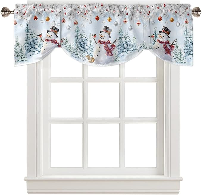 Snowman Blackout Tie Up Valance Curtains for Kitchen Windows Blue Merry Christmas Tree Red Balls Squirrel Window Toppers Balloon Shades for Living Room/Bathroom/Bedroom,1 Panel, 42" X 12", Winter