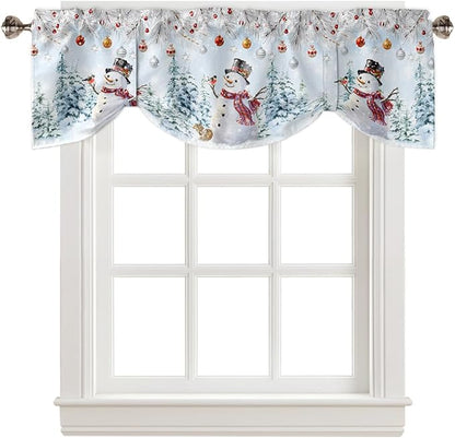 Snowman Blackout Tie Up Valance Curtains for Kitchen Windows Blue Merry Christmas Tree Red Balls Squirrel Window Toppers Balloon Shades for Living Room/Bathroom/Bedroom,1 Panel, 42" X 12", Winter
