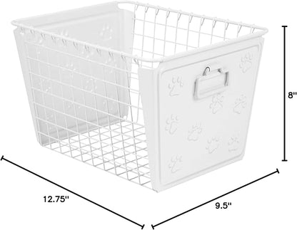 Spectrum Macklin Paw Printed Wire Basket Medium with Label Plate (White) - Storage Bin & Décor for Bathroom, Closet, Pantry, Under Sink, Toy, Shelf, Kitchen, & Nursery Organization