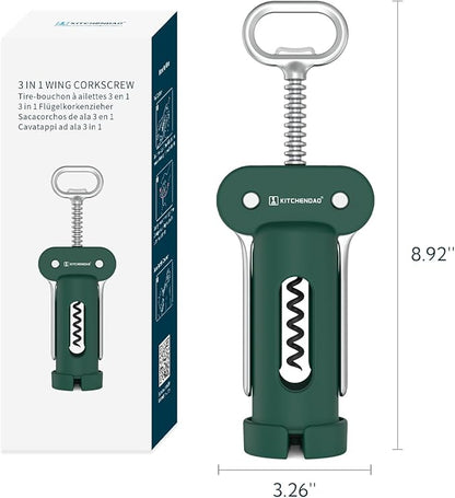KITCHENDAO 3 in 1 Wing Corkscrew Wine Bottle Opener with Foil Cutter, Built-in Beer Bottle Opener, Multifunctional Wine Opener with Non-Stick Sharp Screw,Easy to Use, Manual Wine Corkscrew，Green
