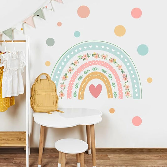 Large Boho Rainbow Wall Decals Boho Polka Dot Flower Rainbow Wall Stickers Peel and Stick Nursery Wallpaper Vinyl Decals for Home Farmhouse Girls Bedroom Decoration