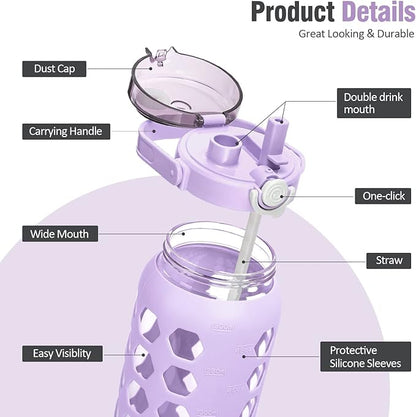 MUKOKO 56oz Glass Water Bottles with Straw and Lid,Motivational Water Jug with Time Marker Reminder and Silicone Sleeve,100% Leakproof BPA Free Fitness Sports Large Bottle-Purple