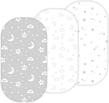 TansyPanda Bassinet Sheets for Baby Delight Snuggle Nest, Chicco LullaGo, Fisher Price, Snoo Smart, 3PC, 18 x 30 Inch, Ultra Soft, Breathable, Snug Fit, Unisex Boys, Girls (Moon, Stars, Clouds)