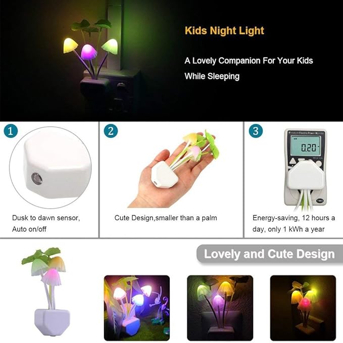 Smart Dusk to Dawn Sensor Led Night Light, 0.6W Multi-Color Changing Plug-in Mushroom Dream Bed Nightlight, Funny Energy Efficient Wall Lamp Flower Novelty Gifts for Nursery, Baby, Kids, Adults