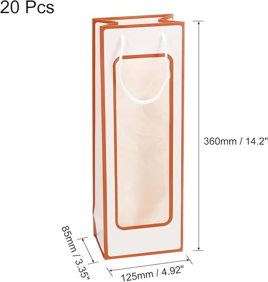 uxcell Wine Bags, 20pcs 4.92"x3.35"x14.2" Wine Gift Bags with Rope Handles, Paper Wine Tote Bag with Clear Window for Wedding Birthday Christmas Party Supplies, White Orange