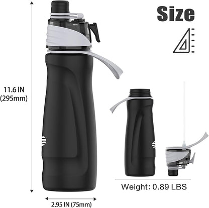 Misting Water Bottle, 24oz Insulated Water Bottle, 2-in-1 Mist & Sip Stainless Steel Water Bottles, Thermo for Hot Drinks/Cold Drinks, Sports Water Bottle for Hiking, Running, Gym, Iron Black