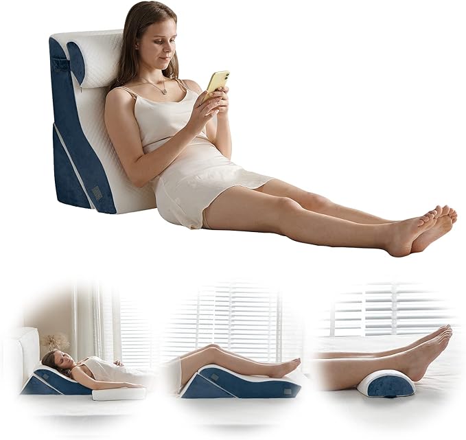 Qirroboni 3PCS Orthopedic Bed Wedge Pillow Set, Adjustable Pillows for Neck, Back and Leg Pain Relief Comfortable & Post Surgery Foam - Heartburn, Anti Snoring, Acid Reflux & GERD Sleeping Indigo