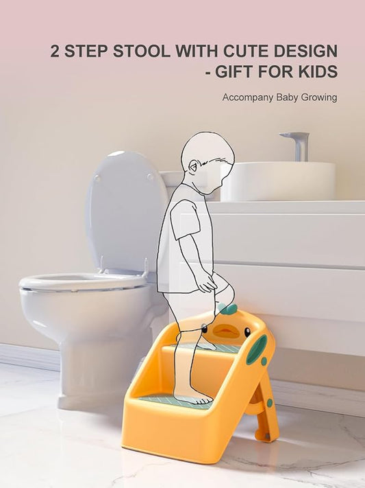 Toddler Step Stool Folding, Yellow, 2 Step Stool for Kids Bathroom Sink Potty Toilet, Gift to Give Stepping Stool for Todders 1-3, 11" 2 Steps & 4" Child Back Support, Easy to Use & Carry & Wash