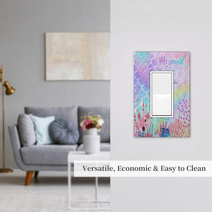 Silvery Glitter Cute Mermaid Tail Fantasy Castle 1 Gang Rocker Light Switch Covers Single Decora Outlet Wall Plate Decorative Switchplate Faceplate GFCI for Kidroom Nursery Bedroom Kitchen Decor