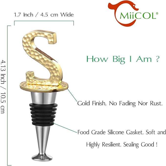 Miicol Wine Bottle Stopper, Prosecco Stopper, Gold Wine Stopper, Personalised Champagne Stopper, Initial Wine Stopper, Funny Prosecco Gift, Wine Lovers Gift, Kitchen Decor, Letter S