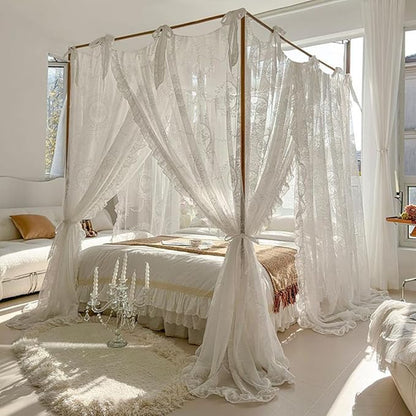Elegant Lace Princess 4 Corner Post Mosquito Net Romantic for Girls Women Bed Curtain Canopy for Adult Wedding Bedroom Kids Rooms Decoration (Color-A, Queen)