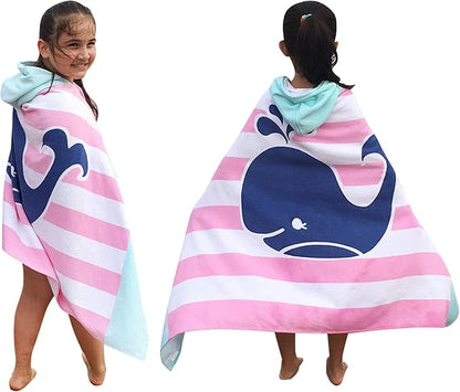 Hooded Towel for Kids, 100% Cotton Soft and Absorbent, Pool Bath Beach Swim Towel Wrap, Bathrobe Coverups for Girls and Boys, Extra Large:50” x 30”(Pink Striped Whale)