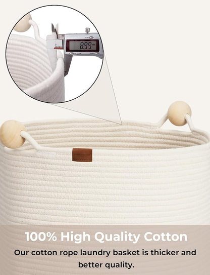 StorageWorks 58L Cotton Rope Laundry Basket with Wooden Beads Handles, Woven Basket for Storage, Dirty Clothes, Kids Toys, Towels, White & Grey