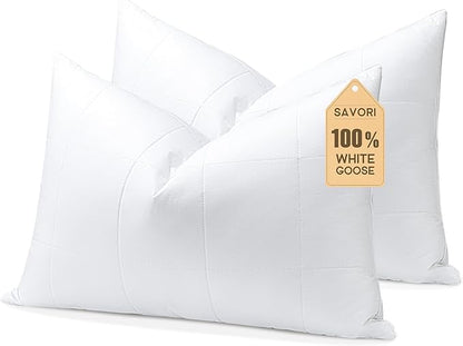 SAVORI Pack of 2 Goose Down Feather Pillows with 100% Cotton Cover, Soft Hotel Bed Pillow for Sleeping, Cooling Pillow for Back, Stomach or Side Sleepers, Standard Size-White 20x26 Inch
