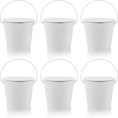 Small Metal Buckets with Handle 6 Pcs – Galvanized Bucket Leak Proof & Rust Resistant 20 fl oz Capacity - Best for Party Décor, Organizing & Decorating Classrooms (White, Small 4.3" Top)